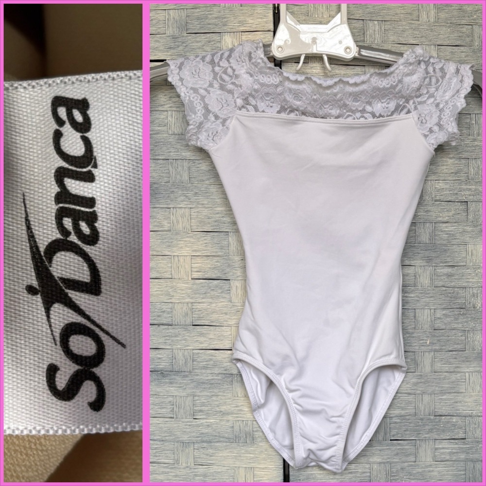 So Danca White Lace Matilda Cap Sleeve Ballet Leotard Kids Child‎ Size M1